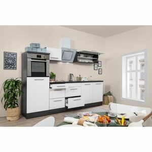 Respekta Premium Küchenzeile 270 cm Hochbau Weiß Hochglanz-Eiche Grau