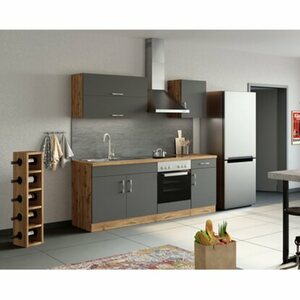 Held Möbel Küchenzeile Sorrento 210 cm Anthrazit-Wotaneiche ohne E-Geräte