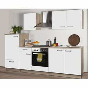 Küchenzeile Litra 270 cm Weiß Melamin-Sonoma Eiche Kühlschrank links