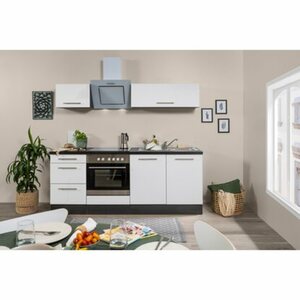 Respekta Premium Küchenzeile 210 cm Weiß Hochglanz-Eiche Grau