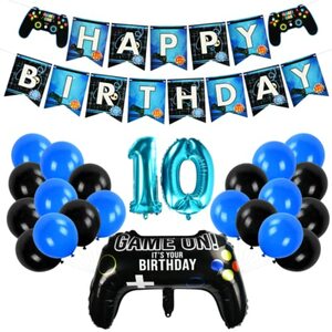 Videospiel 10. Geburtstag, Gaming-Geburtstagsdekorations, Gamecontroller Luftballons Schwarz und Blaue, Happy Birthday Banner Luftballons für Kinder Videospiel Thema Party Zubehör