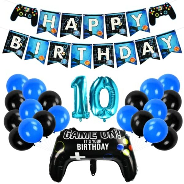 Bild 1 von Videospiel 10. Geburtstag, Gaming-Geburtstagsdekorations, Gamecontroller Luftballons Schwarz und Blaue, Happy Birthday Banner Luftballons für Kinder Videospiel Thema Party Zubehör