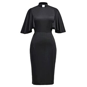 BPURB Katholische Kirche Damen Rüschenärmel Bodycon Bleistiftkleid Elegant Priester Klerus Midikleid mit Tab Kollar, Schwarz, Medium