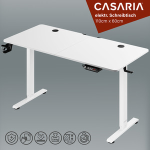 Casaria ® Höhenverstellbarer Schreibtisch inkl. Kabelführungen, Getränke- und Kopfhörerhalter Weiß
