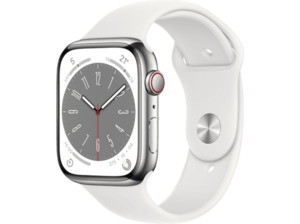 APPLE Watch Series 8 (GPS + Cellular) 45 mm Smartwatch Edelstahl Fluorelastomer, 140 - 220 mm, Armband: Weiß, Gehäuse: Silber