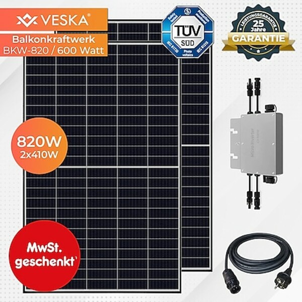 Bild 1 von VESKA 820 W / 600 W Balkonkraftwerk Photovoltaik Solaranlage Steckerfertig WIFI Smart