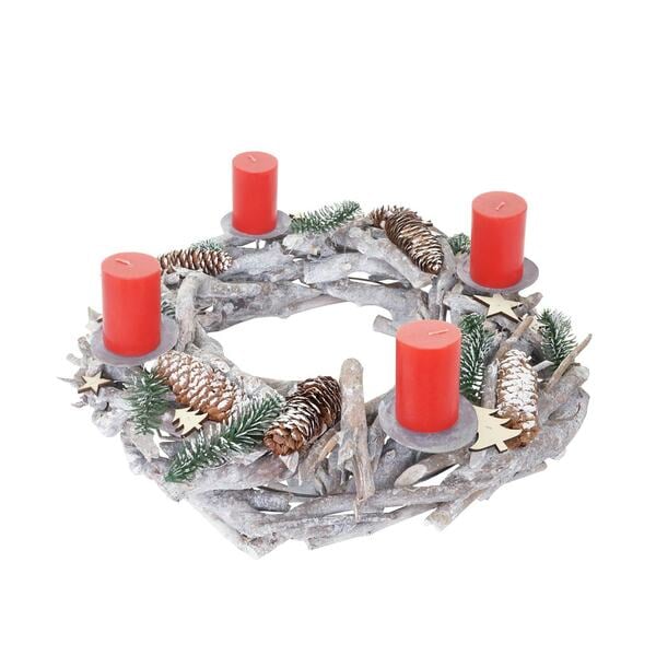 Bild 1 von Tischkranz XXL rund, Weihnachtsdeko Adventskranz, Holz Ø 48cm weiß-grau ~ mit Kerzen, rot