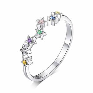 Qings Damen-Ring Sterling Silber Stern Ring Bunte Zirkonia Zierlicher Vorsteckring Silber für Frauen Mädchen