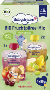 Babydream Bio Fruchtpüree-Mix Birne, Traube & Hirse + Kirsche & Banane in Apfel