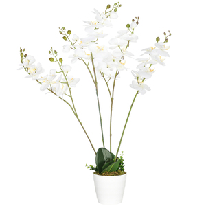HOMCOM Künstliche Pflanze, Künstliche Orchidee, Kunstpflanze, Kunstblumen im Topf, Zimmerpflanze für Wohnzimmer, Schlafzimmer, 150 cm, Weiß