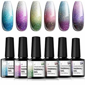 UR SUGAR UV Nagellack Thermo, 6 Farben Glitzer Gel Nagellack Farbwechsel Shellac Set Gel für Gelnägel Gellack Kit, Mehrfarbig Ablösbarer Nagelgel Farbgel Gel Nagel Chameleon Gel Polish Set Geschen