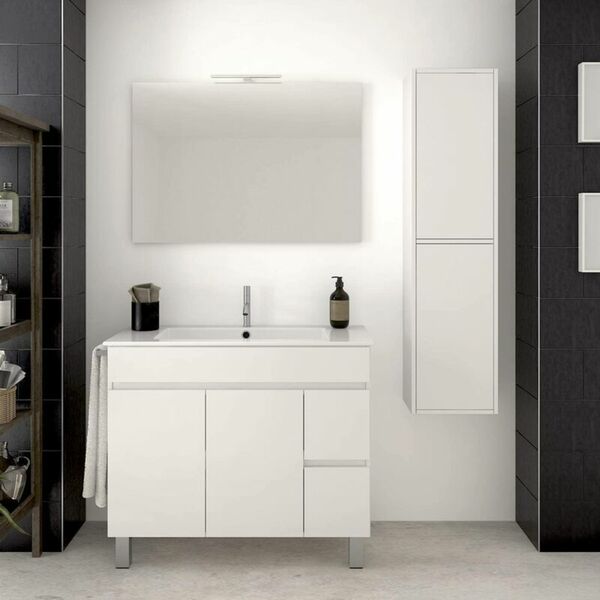 Bild 1 von Waschbeckenunterschrank auf Standfüßen temis mit Keramik Waschtisch und Spiegel - 2 Schubladen und reichlicher Stauraum mit Türen - Handtuchhalter