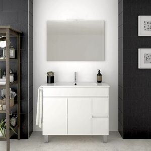 Waschbeckenunterschrank auf Standfüßen temis mit Keramik Waschtisch und Spiegel - 2 Schubladen und reichlicher Stauraum mit Türen - Handtuchhalter