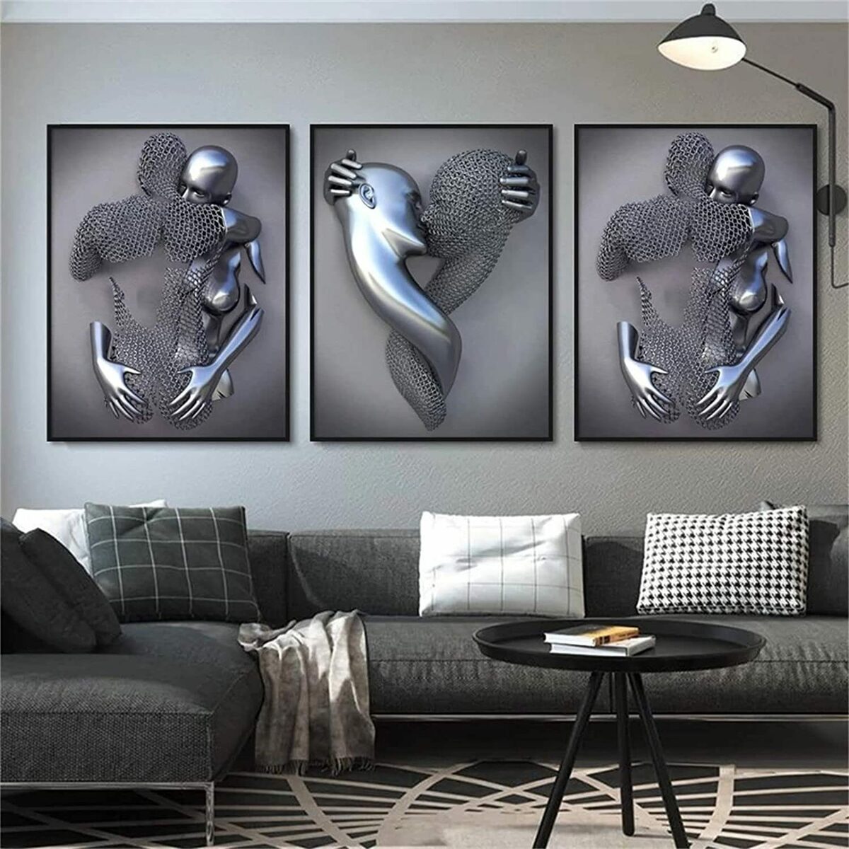 Leway Wandbild 3er Kunst Modern Poster Set 3d Metallfigur Statue Kunst Liebe Herz Kuss Bilder 3335