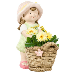 Outsunny Gartenfigur "Mädchen mit Blumentopf", Wetterbeständige Gartenstatue, Pflanzentopf-Ornament, Gartendeko, Skulptur für Heimdekoration, Garten, Hof