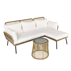 Outsunny 3 Stück Rattan Gartenmöbel Set, 2 Sitzer Sofa mit Chaise Longue und Beistelltisch, Beige und Kaffee