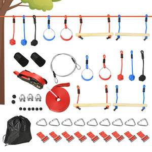 Outsunny Ninja Slackline-Set, 10 m Seil mit Hindernissen, Klettergerüst, Outdoor Klettertraining, Spielset Ausrüstung für 3-6 Jahre Kinder mit Affenknoten, Gymnastikringe, Seile, Mehrfarbig