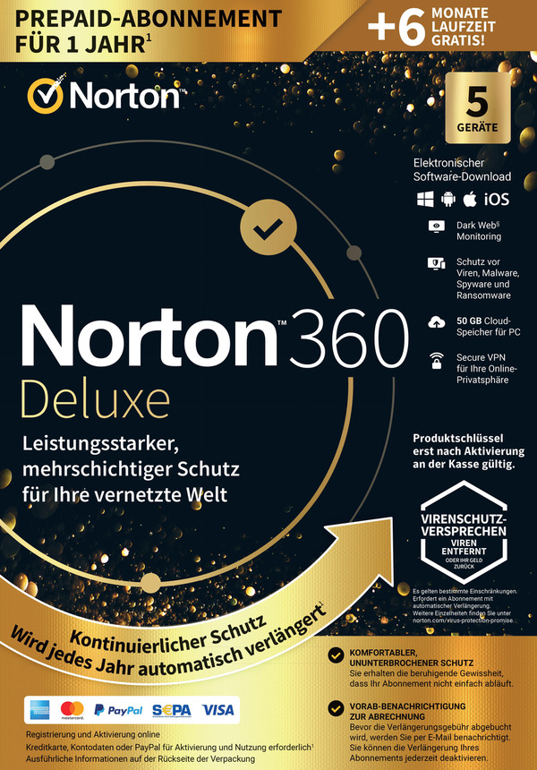 Bild 1 von Norton 360 Deluxe - 1 Benutzer 5 Geräte 12+6 Monate Abo 50GB Cloud-Speicher (PC, iOS, MAC, Android)
