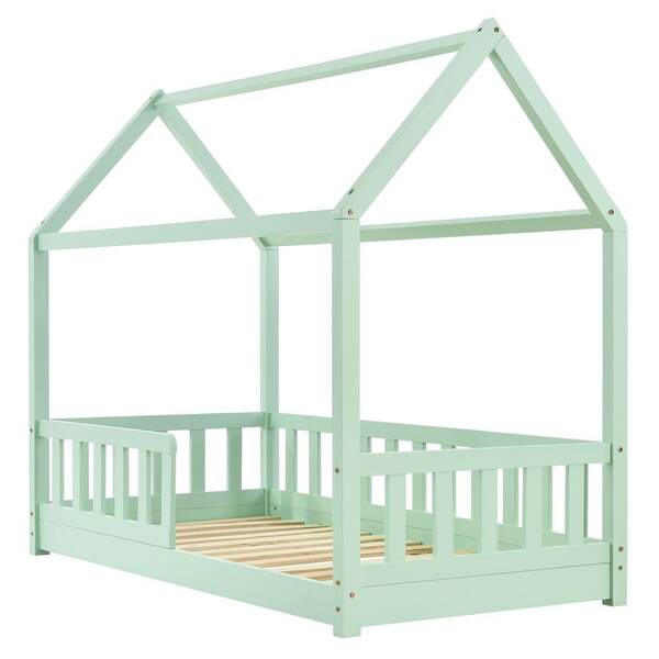 Bild 1 von Juskys Kinderbett Marli 80 x 160 cm Rausfallschutz, Lattenrost & Dach   mint   Hausbett   Holz