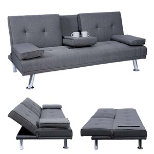 3er-Sofa MCW-F60, Couch Schlafsofa Gästebett, Tassenhalter verstellbar 97x166cm ~ Textil, dunkelgrau