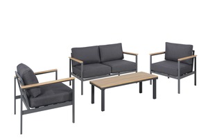 METRO Professional Sofa Set 4-tlg., Stahl/ Aluminium/ Holz, 1 Tisch, 2 Sessel, 1 2-Sitzer Sofa, mit Kissen, schwarz