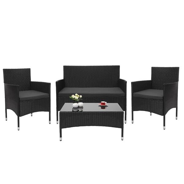 Bild 1 von Poly-Rattan Garnitur MCW-F55, Balkon-/Garten-/Lounge-Set Sofa Sitzgruppe ~ schwarz, Kissen dunkelgrau