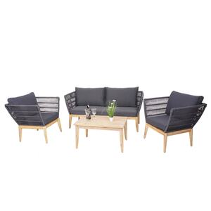 Gartengarnitur MCW-H55, Lounge-Set Sofa Sitzgruppe, Seilgeflecht Rope Holz Akazie Spun Poly FSC ~ Kissen dunkelgrau