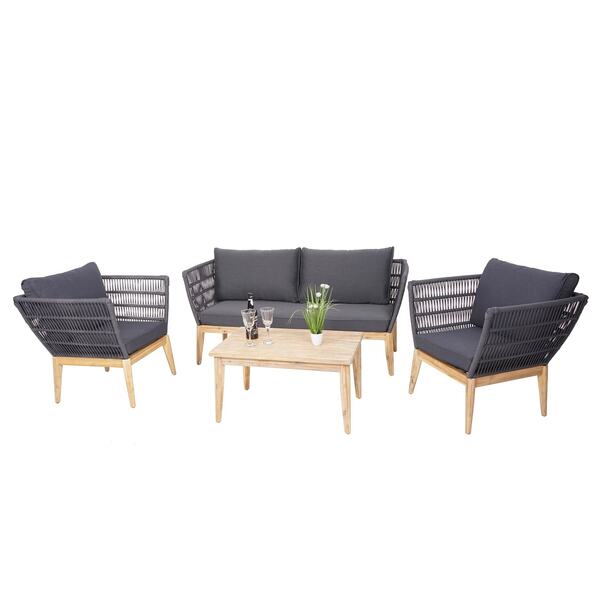 Bild 1 von Gartengarnitur MCW-H55, Lounge-Set Sofa Sitzgruppe, Seilgeflecht Rope Holz Akazie Spun Poly FSC ~ Kissen dunkelgrau