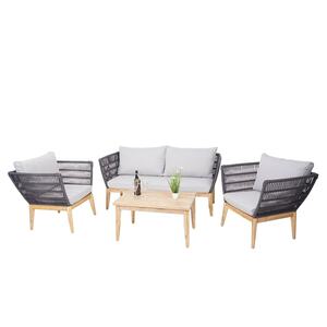 Gartengarnitur MCW-H55, Lounge-Set Sofa Sitzgruppe, Seilgeflecht Rope Holz Akazie Spun Poly FSC ~ Kissen hellgrau