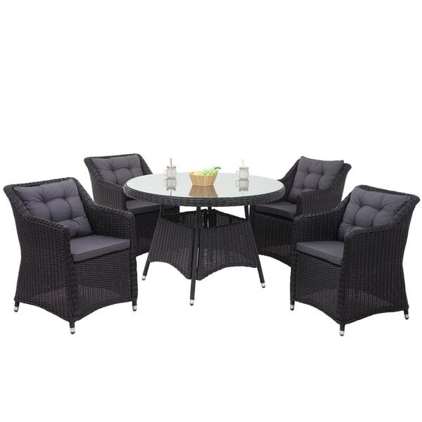 Bild 1 von Poly-Rattan Garnitur MCW-F51, Garten-/Lounge-Set Sitzgruppe Tisch+4xStuhl, rundes Rattan anthrazit Kissen dunkelgrau