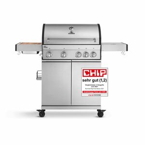 BURNHARD Gasgrill Big Fred, 900 Grad Infrarot-Keramikbrenner, Gasgrill mit Seitenkochfeld und Zubehör, Grill 4 Brenner Edelstahl - Gasgrill mit Grillwagen