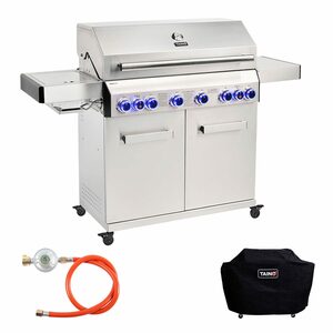 TAINO Gasgrill PLATINUM 6+2, Gasgrill mit Abdeckhaube, Gasdruckminderer und Gasschlauch, Piezozündung, Grillfläche: 92x42 cm, Sear-Brenner bis 800°C