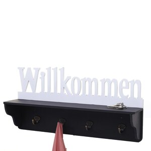 Wandgarderobe MCW-D41 Willkommen, Garderobe Regal, 4 Haken massiv 30x60x13cm ~ schwarz/weiß