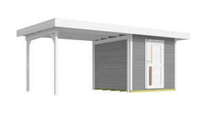 Weka Designgartenhaus 28 mm mit Loungeanbau 295 cm, farblich lasiert in grau/weiss, Massivholzboden