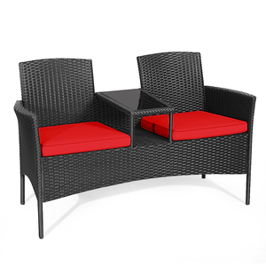 COSTWAY Polyrattan Gartenbank, 2-Sitzer Gartenmöbel Set mit Tisch & Kissen, Rot