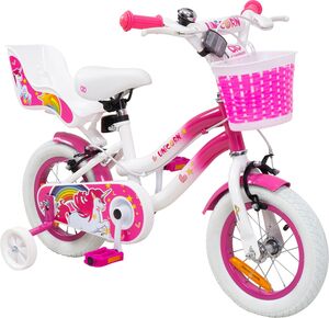 Actionbikes Kinderfahrrad Unicorn 12 Zoll, Pink, Einhorn-Design, Puppensitz, Stützräder, Fahrradkorb