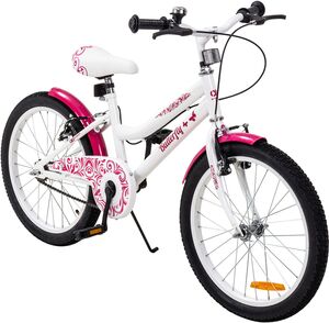Actionbikes Kinderfahrrad Butterfly 20 Zoll, Pink, Fahrradständer, Kettenschutz, Antirutschgriffe (Weiß/Pink)