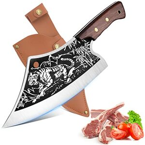Japanisches Messer Küchenmesser Profi Messer, Original Japanisches Kochmesser im Damaststahl, Hackmesser Ausbeinmesser mit Lederscheide, Küchenmesser Outdoor Messer für Küchen Camping BBQ