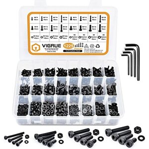 VIGRUE 1225PCS Schrauben Set M2 M3 M4 M5 Legiertem Stahl-Sechskopf-Knopf Schrauben Muttern und Unterlegscheiben Sortiment Kit Sechskantschrauben mit Aufbewahrungsbox flach Fall Box +Schraubenschlüss