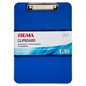 SIGMA Klemmbrett DIN A4, Polystyrol-Kunststoff, bruchfest, blau, Federklammer mit gummierten Kanten, Aufhängevorrichtung für Wandbefestigung.