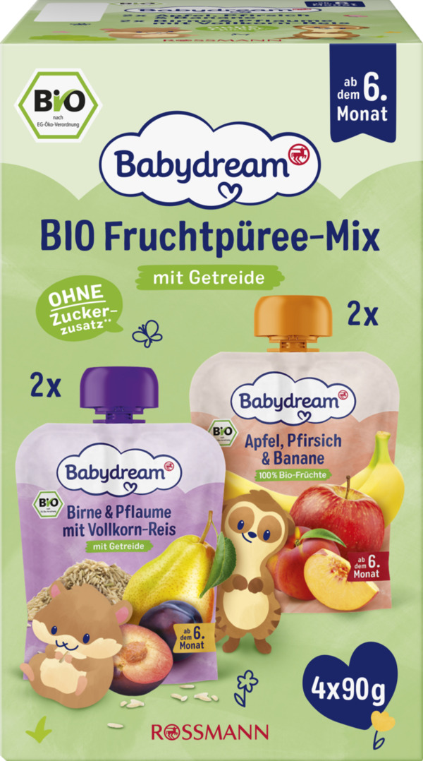 Bild 1 von Babydream Bio Fruchtpüree-Mix Apfel Pfirsich Banane + Birne Pflaume Reis
