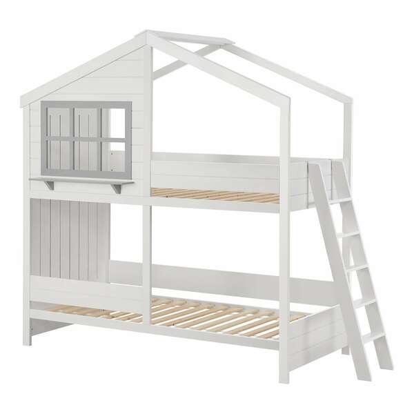 Bild 1 von Juskys Kinder Hochbett Traumhaus 90x200 cm - Kinderbett mit Dach, 2 Betten & Lattenrost - Bett Weiß