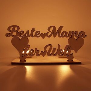 Namofactur Teelichthalter Beste Mama der Welt - Schriftzug aus Holz mit Herzen (2-teilig), Deko Kerzenständer aus Holz für 2 Teelichter - Muttertagsgeschenk