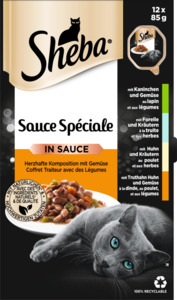 Sheba Nassfutter für Katzen, Sauce Spéciale, herzhafte Komposition mit Gemüse, Multipack (12 x 85 g)