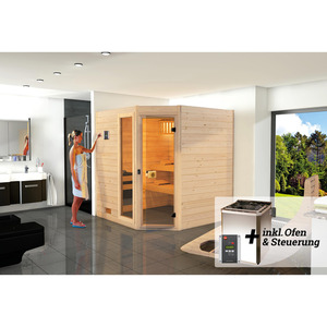 Weka Massivholz-Sauna 'Valida 2 Eck' mit 7,5 kW BioS-Ofenset, Steuerung, Glastür, Fenster 187 x 170 x 203,5 cm