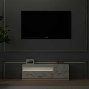 TV Lowboard Weiß mit LED-Leuchten Rechts 1/2 (teil Marmor Optik) 9499