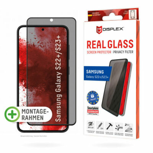 Bild 1 von DISPLEX Privacy Fullcover Panzerglas (10H) f. Samsung S23 Plus, Eco-Montagerahmen, Privacy Filter, Tempered Glas, kratzer-resistente Glasschutzfolie,