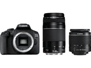 CANON EOS 2000D Kit Spiegelreflexkamera, 24,1 Megapixel, 18-55 mm, 75-300 mm Objektiv (EF, EF-S, IS II), WLAN, Schwarz