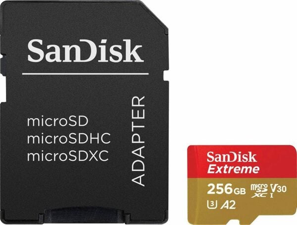 Bild 1 von Sandisk Extreme® microSDXC™-UHS-I-Karte Speicherkarte (256 GB, Video Speed Class 30 (V30)/UHS Speed Class 3 (U3), 190 MB/s Lesegeschwindigkeit)