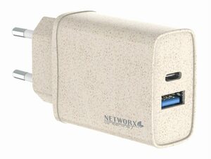 Networx Greenline 2-Port Netzteil (2.Gen), 1x USB-C, 1x USB-A, 38 W, braun